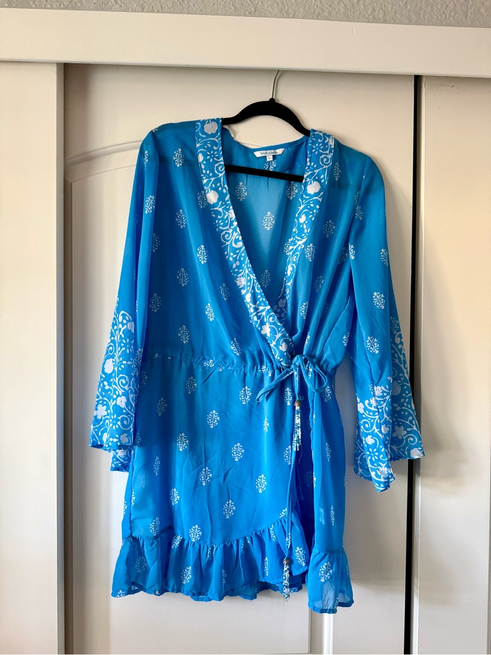 blue island Bright Turquoise Wrap Mini Dress with White Print